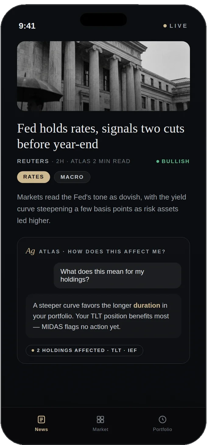 Argentum Ai news detail on iPhone — ATLAS answers what a Fed headline means for your holdings