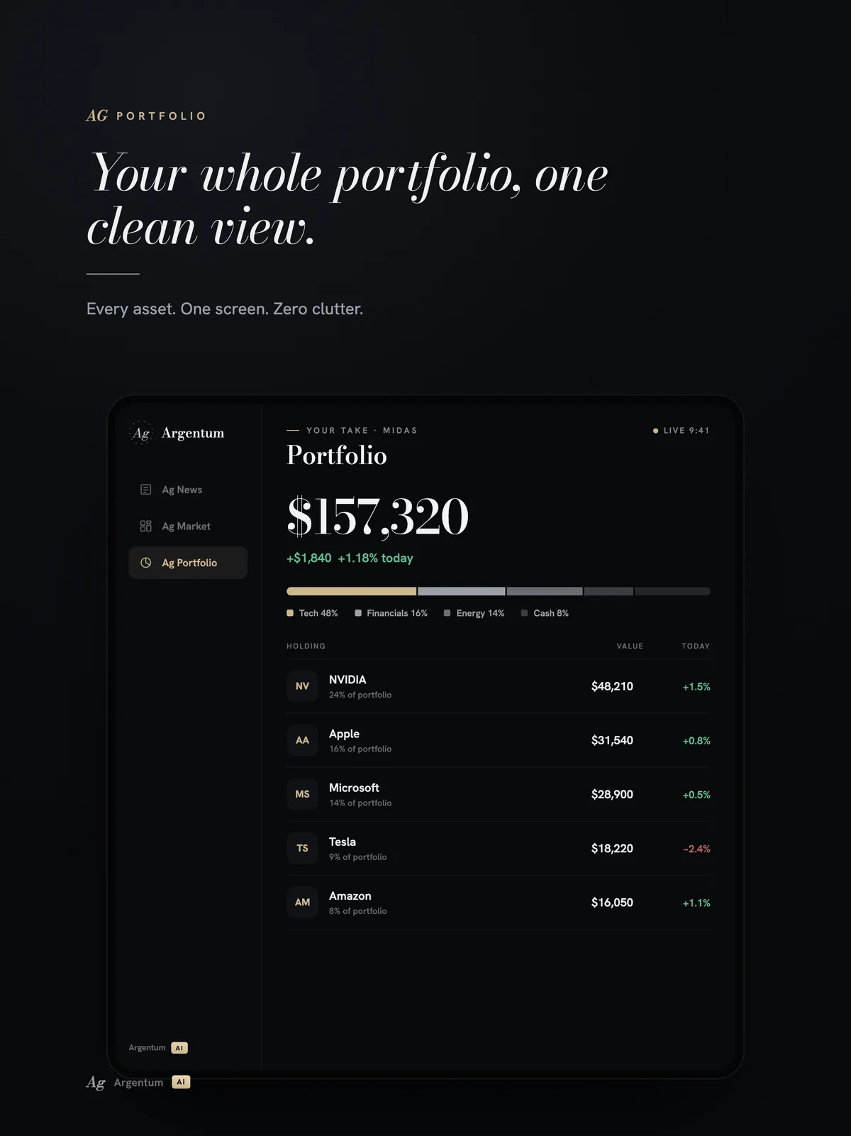 Argentum Ai on iPad — Portfolio with sidebar navigation and full holdings table