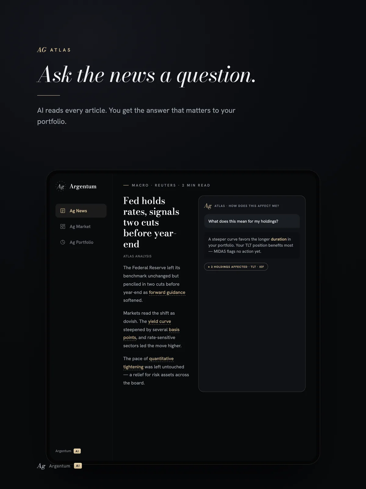Argentum Ai on iPad — ATLAS answering a question on a news article