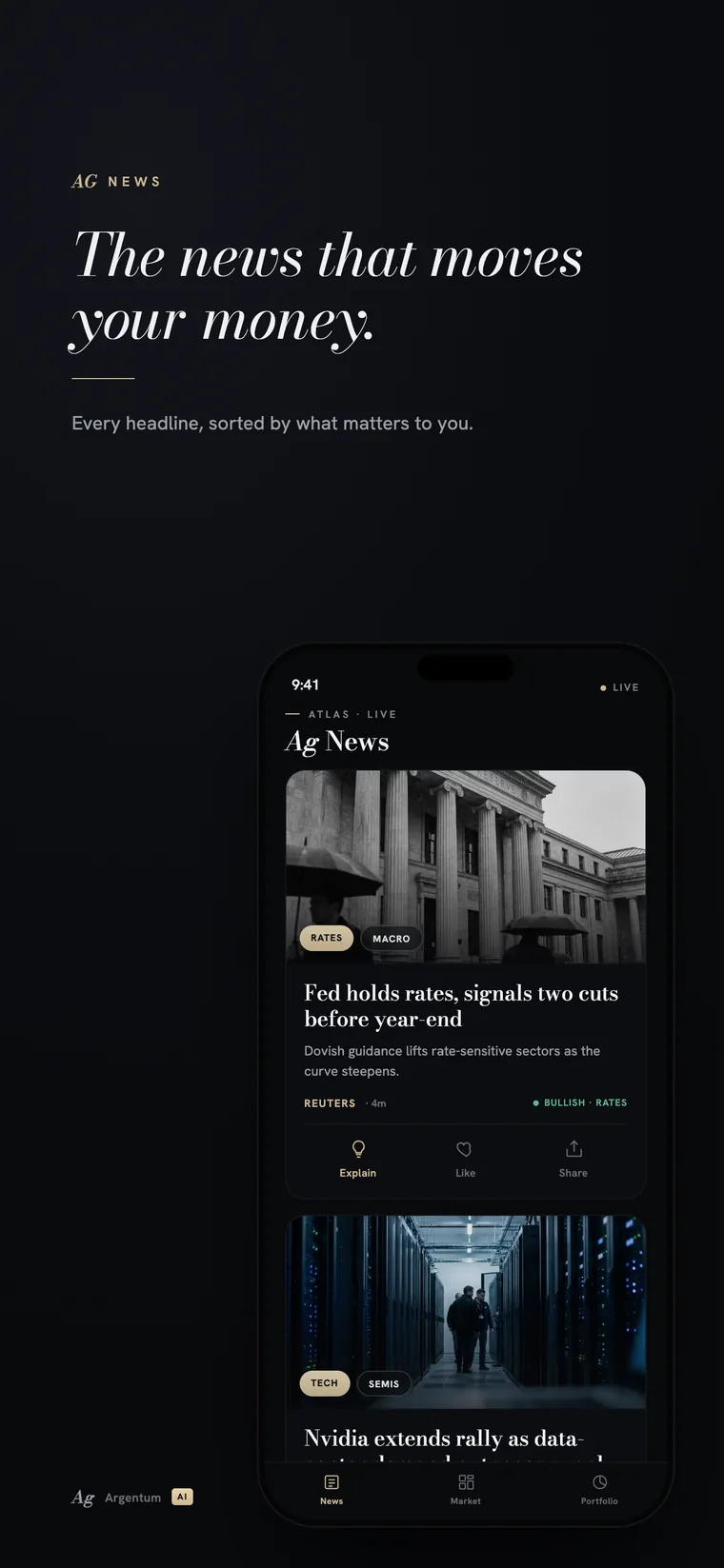 Argentum Ai App Store screenshot — News feed with every headline tagged by ATLAS