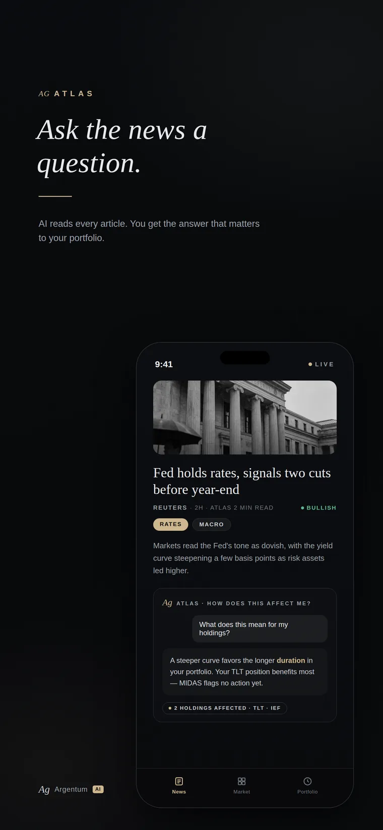 Argentum Ai App Store screenshot — ATLAS answers a question about a Fed headline