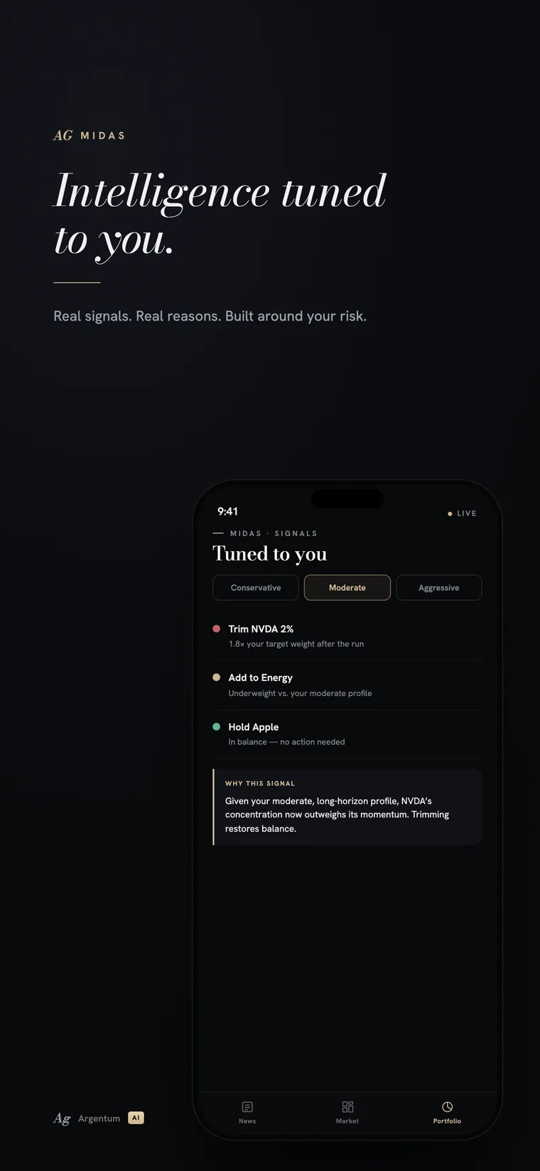 Argentum Ai App Store screenshot — MIDAS analysis tuned to your risk profile